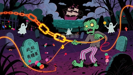 僵尸手持糖果链，墓地夜景欢乐万圣节