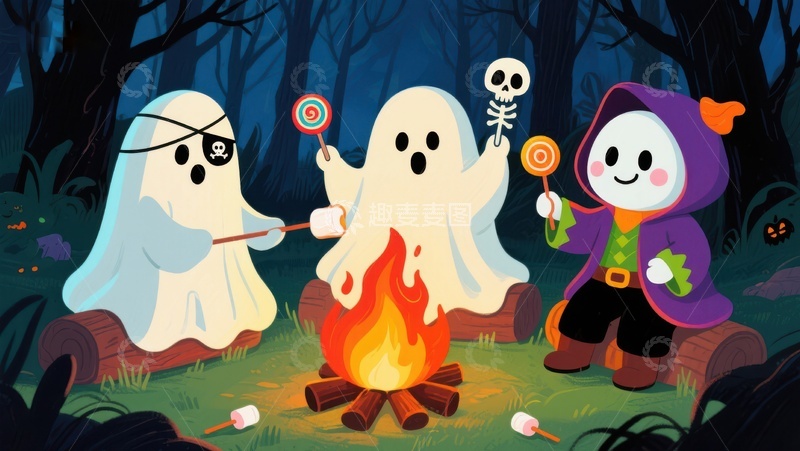 高清大图下载【趣麦麦图】万圣节幽灵与巫师围篝火