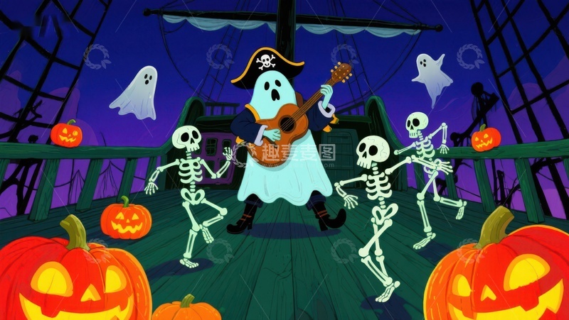 高清大图下载【趣麦麦图】万圣节海盗船上的幽灵与骷髅舞会