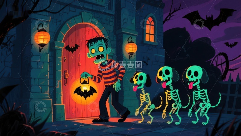 高清大图下载【趣麦麦图】僵尸与骷髅在万圣节夜游