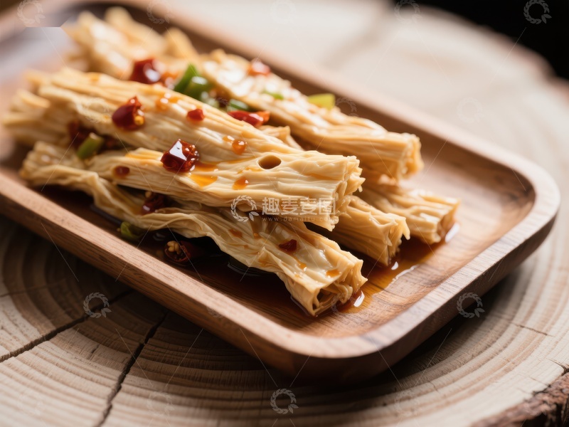 高清大图下载【趣麦麦图】香辣豆皮卷，木盘盛放