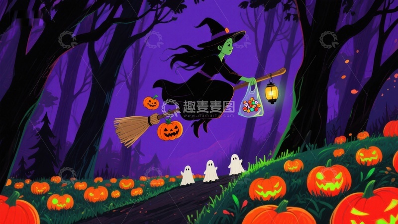 高清大图下载【趣麦麦图】万圣夜巫女飞越南瓜灯森林