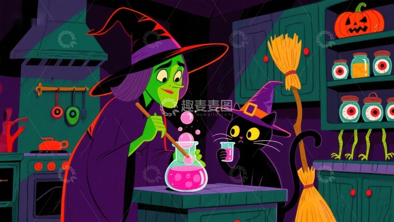 高清大图下载【趣麦麦图】女巫与黑猫在魔法厨房