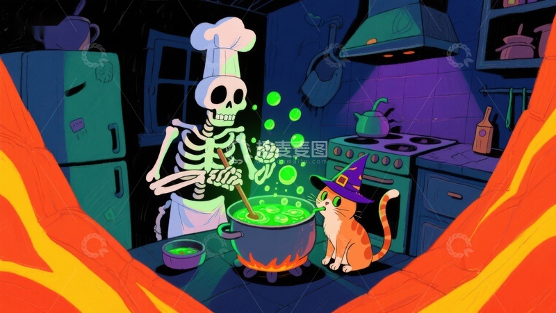 高清大图下载【趣麦麦图】骷髅厨师与巫师猫的魔法厨房
