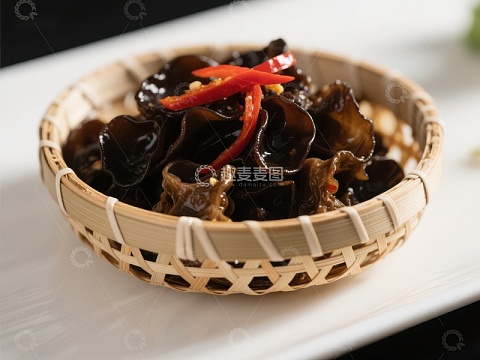木耳拌红椒，竹篮盛装