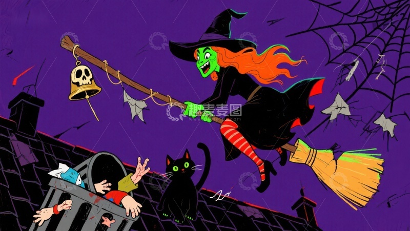 高清大图下载【趣麦麦图】万圣节女巫骑扫帚飞过屋顶
