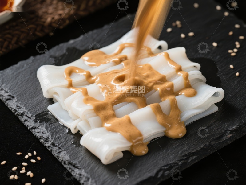 高清大图下载【趣麦麦图】酱汁淋在白色卷状食物上