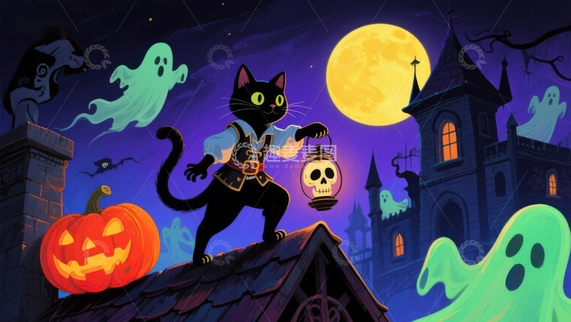 高清大图下载【趣麦麦图】万圣夜猫儿屋顶探险