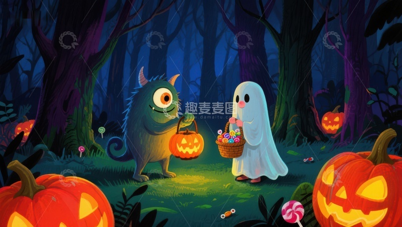 高清大图下载【趣麦麦图】万圣节森林中的小怪兽与幽灵
