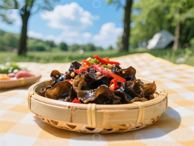高清大图下载【趣麦麦图】凉拌木耳配红椒，户外野餐美食