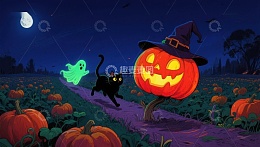 万圣夜南瓜灯与黑猫幽灵
