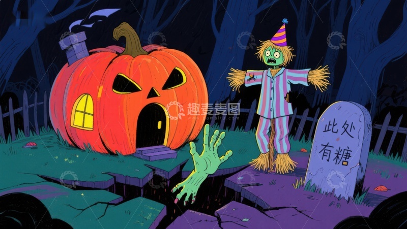 高清大图下载【趣麦麦图】万圣节南瓜屋与墓碑前的稻草人
