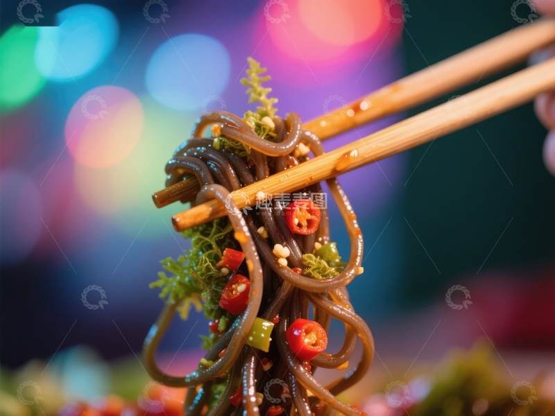 高清大图下载【趣麦麦图】筷子夹起美味拌面，色彩斑斓背景
