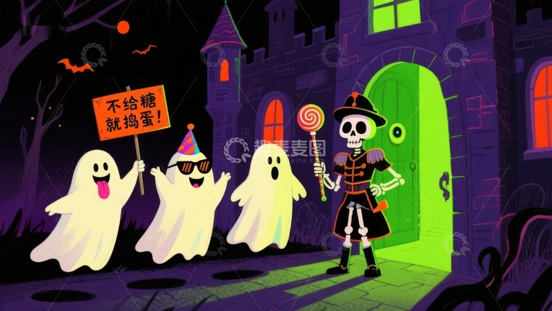 高清大图下载【趣麦麦图】万圣节幽灵讨糖，骷髅开门迎客