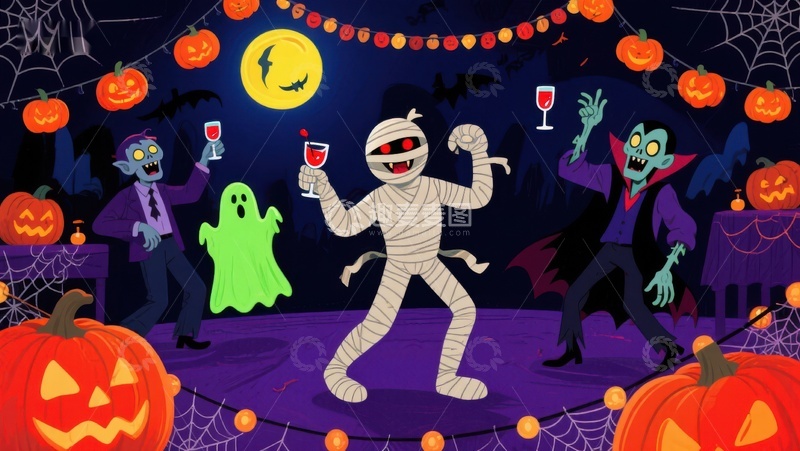 高清大图下载【趣麦麦图】万圣节派对：木乃伊、吸血鬼与幽灵共舞