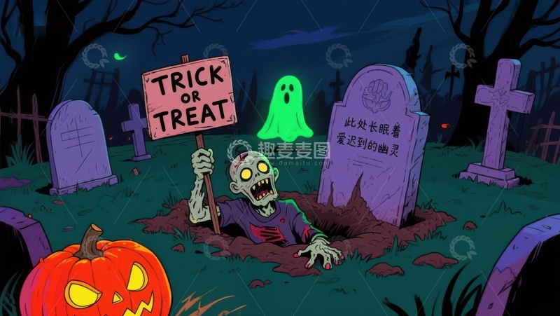 高清大图下载【趣麦麦图】万圣节墓地僵尸手持&ldquo;不给糖就捣蛋&rdquo;牌子