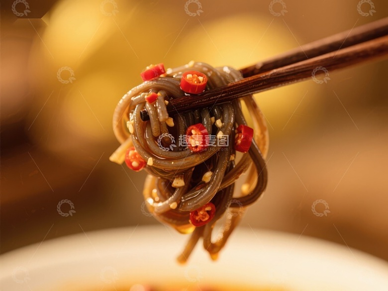筷子夹起的酸辣蕨根粉特写