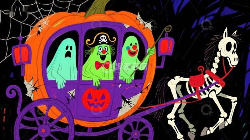 高清大图下载【趣麦麦图】万圣节南瓜马车与骷髅马
