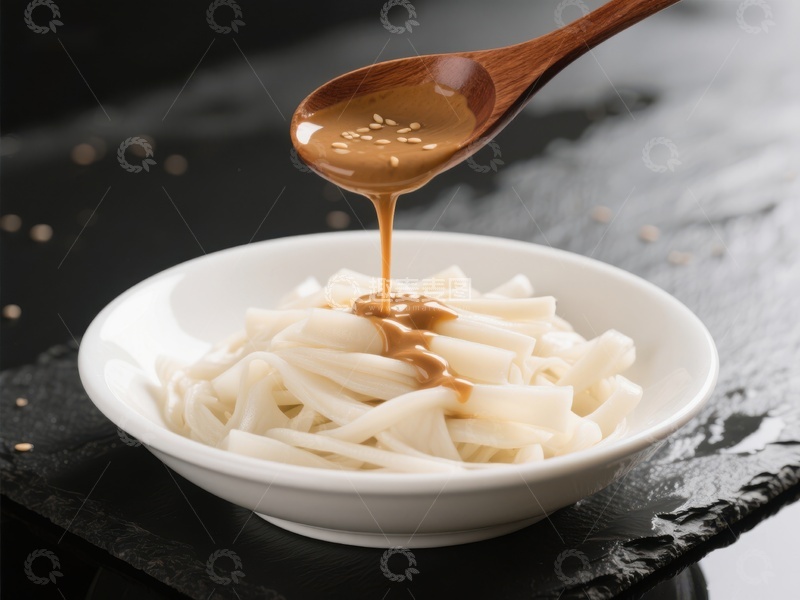 高清大图下载【趣麦麦图】芝麻酱浇淋在面条上的美食特写