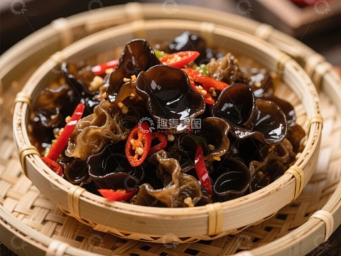 木耳拌辣椒，竹篮盛装美食