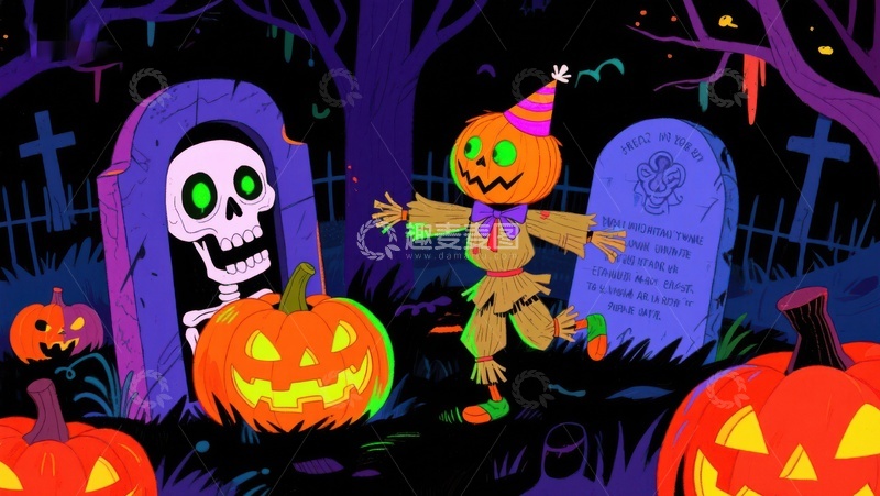 高清大图下载【趣麦麦图】万圣节墓地里的南瓜人与骷髅