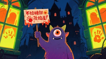 卡通怪物手持标语牌，背景为万圣节城堡