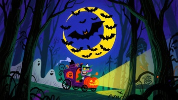 万圣节夜景：南瓜车与幽灵森林