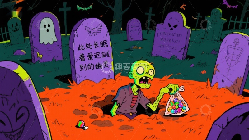 高清大图下载【趣麦麦图】墓地中的僵尸与糖果
