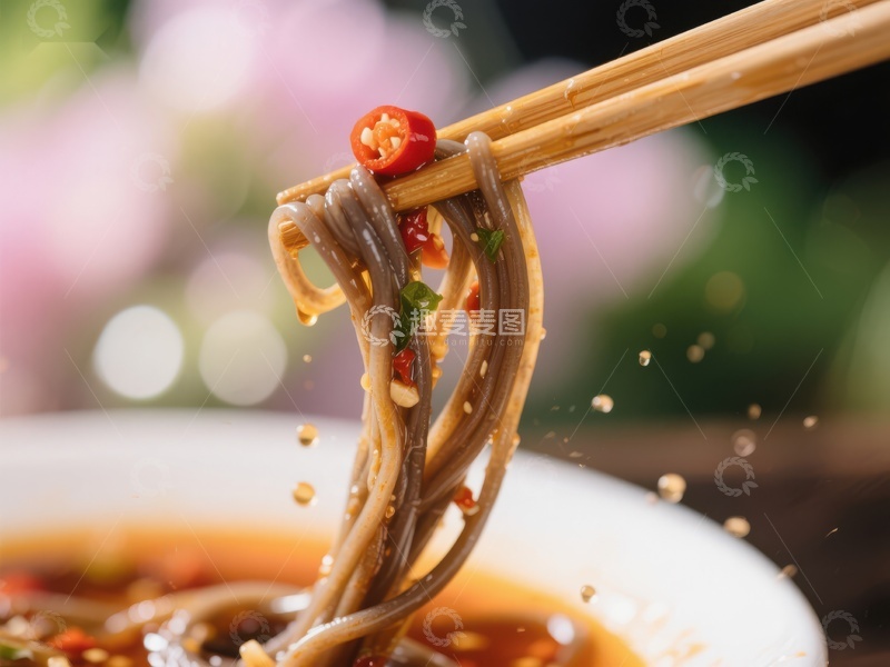 高清大图下载【趣麦麦图】筷子夹起香辣面条，美味瞬间