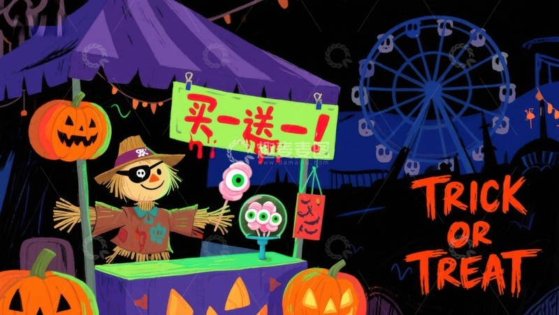 高清大图下载【趣麦麦图】万圣节游园会：买一送一糖果摊
