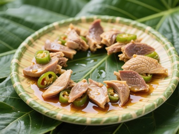 香辣鸭肉片配青椒，绿叶衬托