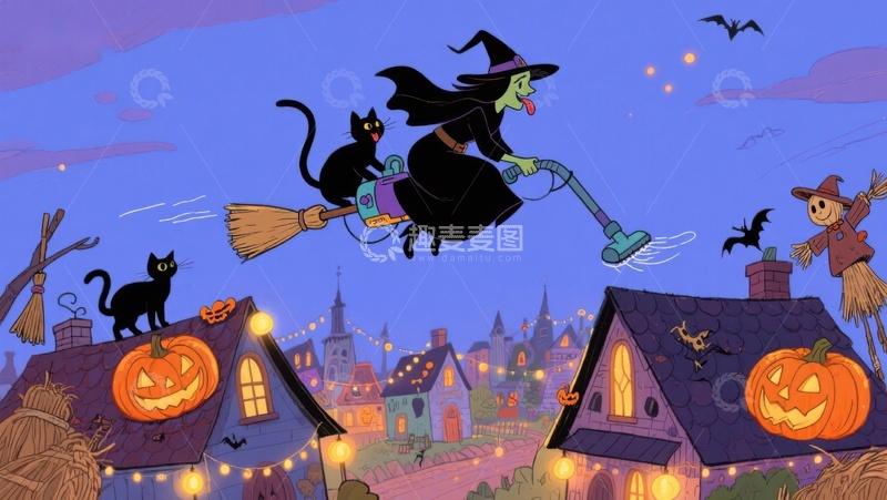 高清大图下载【趣麦麦图】万圣节女巫骑扫帚飞过屋顶
