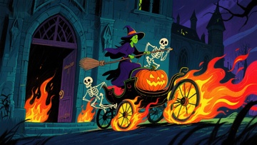 万圣夜巫婆与骷髅乘坐南瓜车