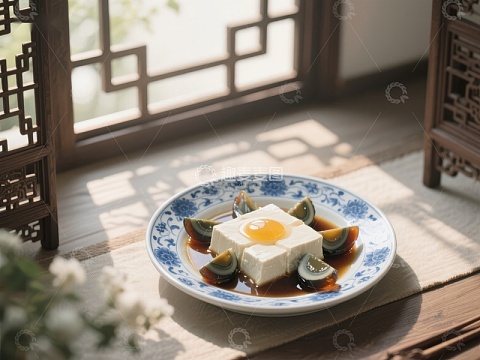 豆腐配蛋黄，传统美食摆盘