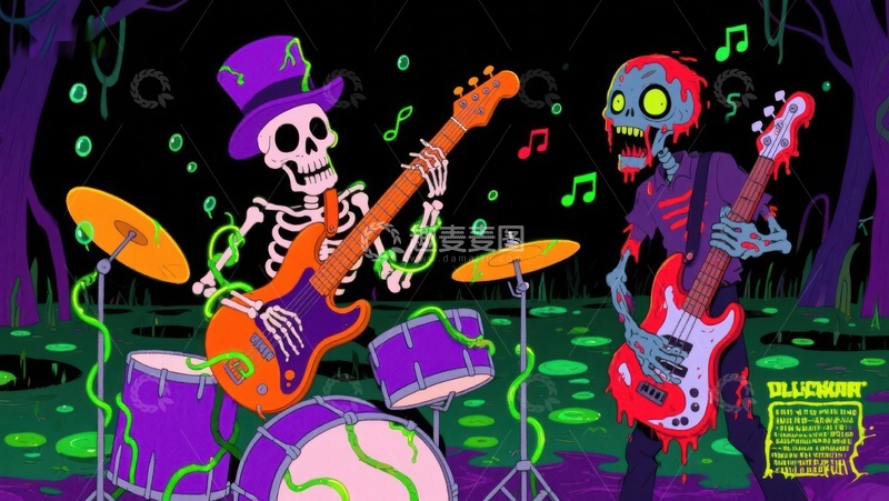 高清大图下载【趣麦麦图】骷髅乐队森林演奏