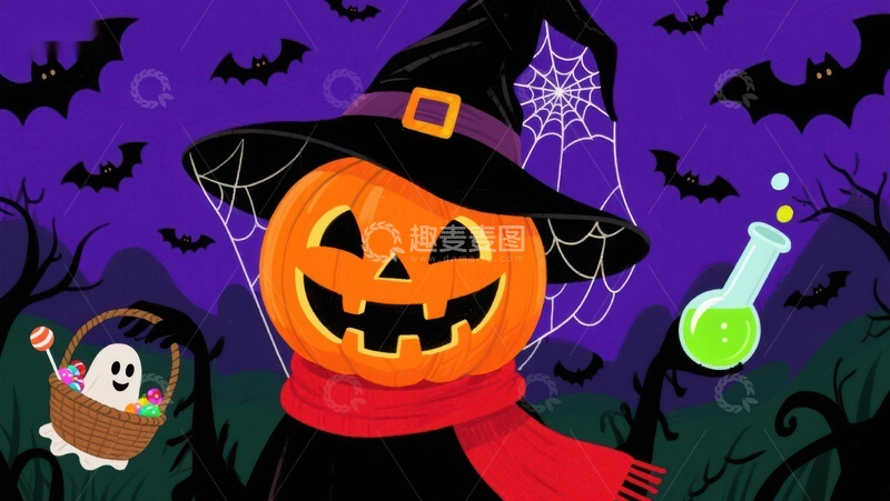 高清大图下载【趣麦麦图】万圣节南瓜灯戴巫师帽