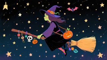 夜空中的女巫与南瓜灯