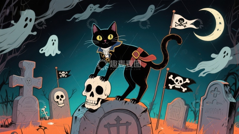 高清大图下载【趣麦麦图】黑猫与骷髅的万圣夜