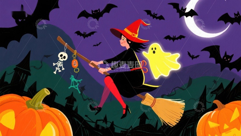 高清大图下载【趣麦麦图】万圣节女巫骑扫帚夜空飞行