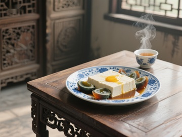 传统中式餐桌上的蒸蛋与茶