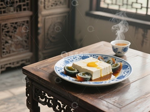 传统中式餐桌上的蒸蛋与茶