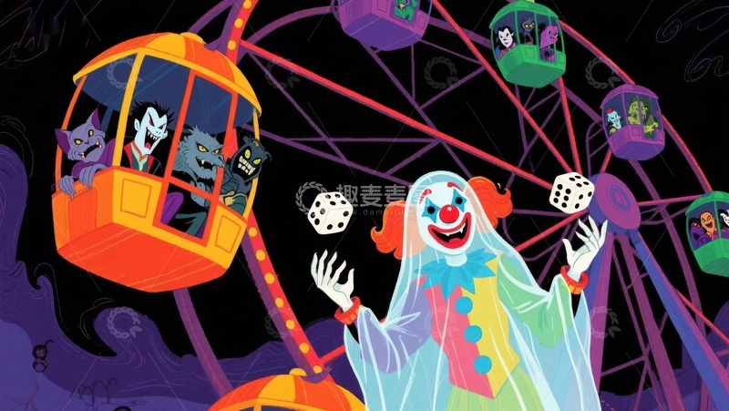 高清大图下载【趣麦麦图】鬼魅游乐园：小丑与怪兽的奇幻夜