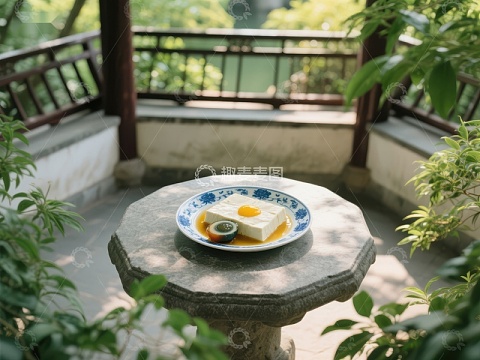 庭院石桌上的美食