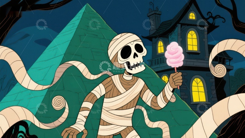 高清大图下载【趣麦麦图】木乃伊手持棉花糖，背景为金字塔与古宅