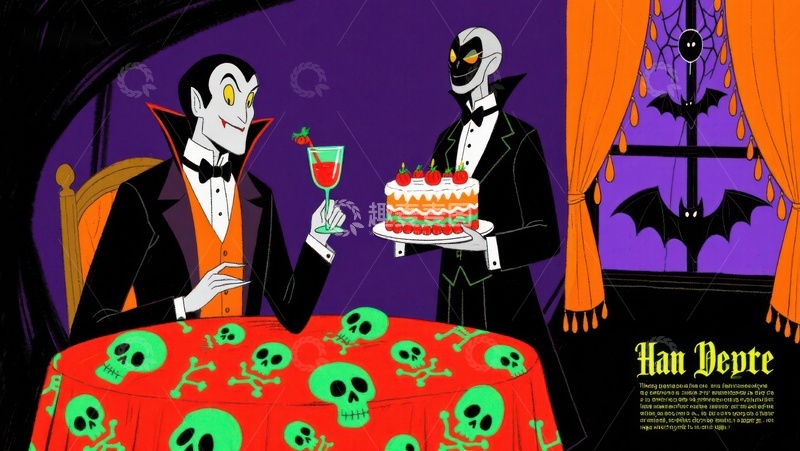 高清大图下载【趣麦麦图】吸血鬼与骷髅侍者共进晚餐