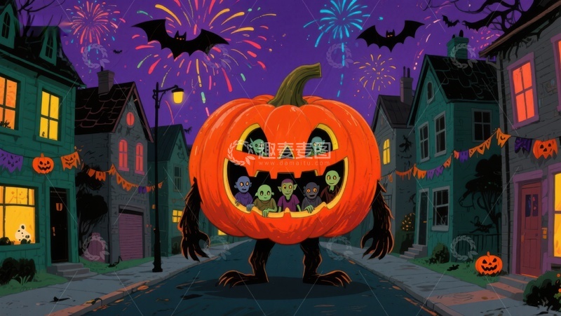 高清大图下载【趣麦麦图】万圣节南瓜怪在小镇游行