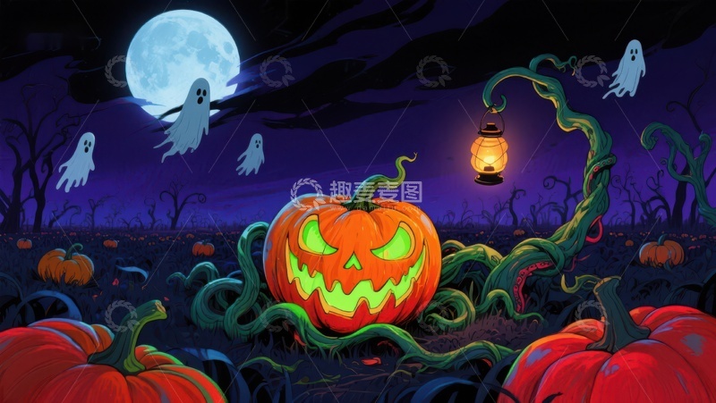 高清大图下载【趣麦麦图】万圣节南瓜灯与幽灵的夜景