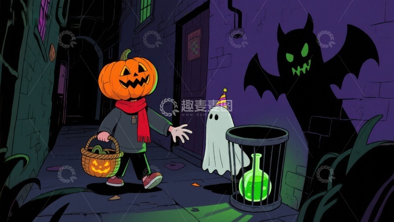 高清大图下载【趣麦麦图】万圣节夜，南瓜头小孩与幽灵蝙蝠
