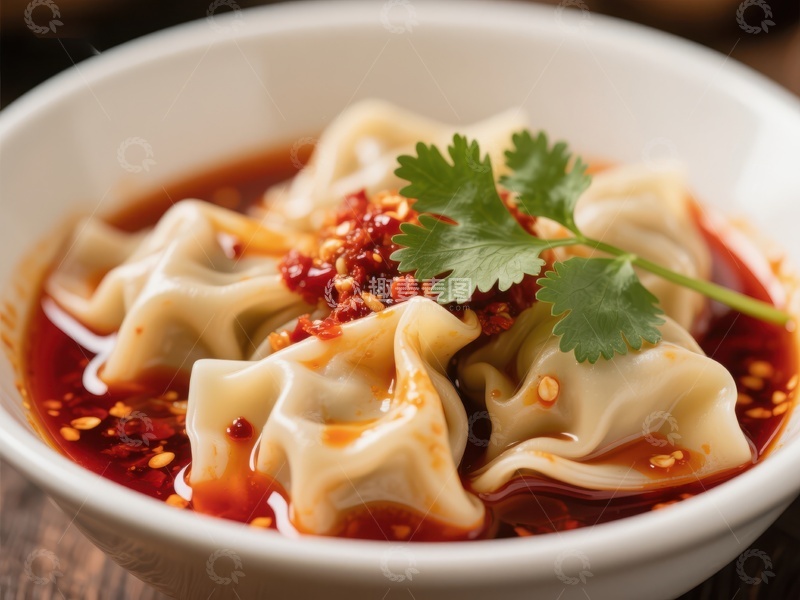 高清大图下载【趣麦麦图】红油水饺配香菜特写