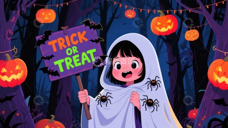 高清大图下载【趣麦麦图】万圣节小女孩手持&ldquo;不给糖就捣蛋&rdquo;牌子
